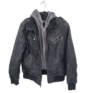 Flavor Mens Layered Pig Leather Hoodie Biker Moto  Jacket M Black Gray Removable